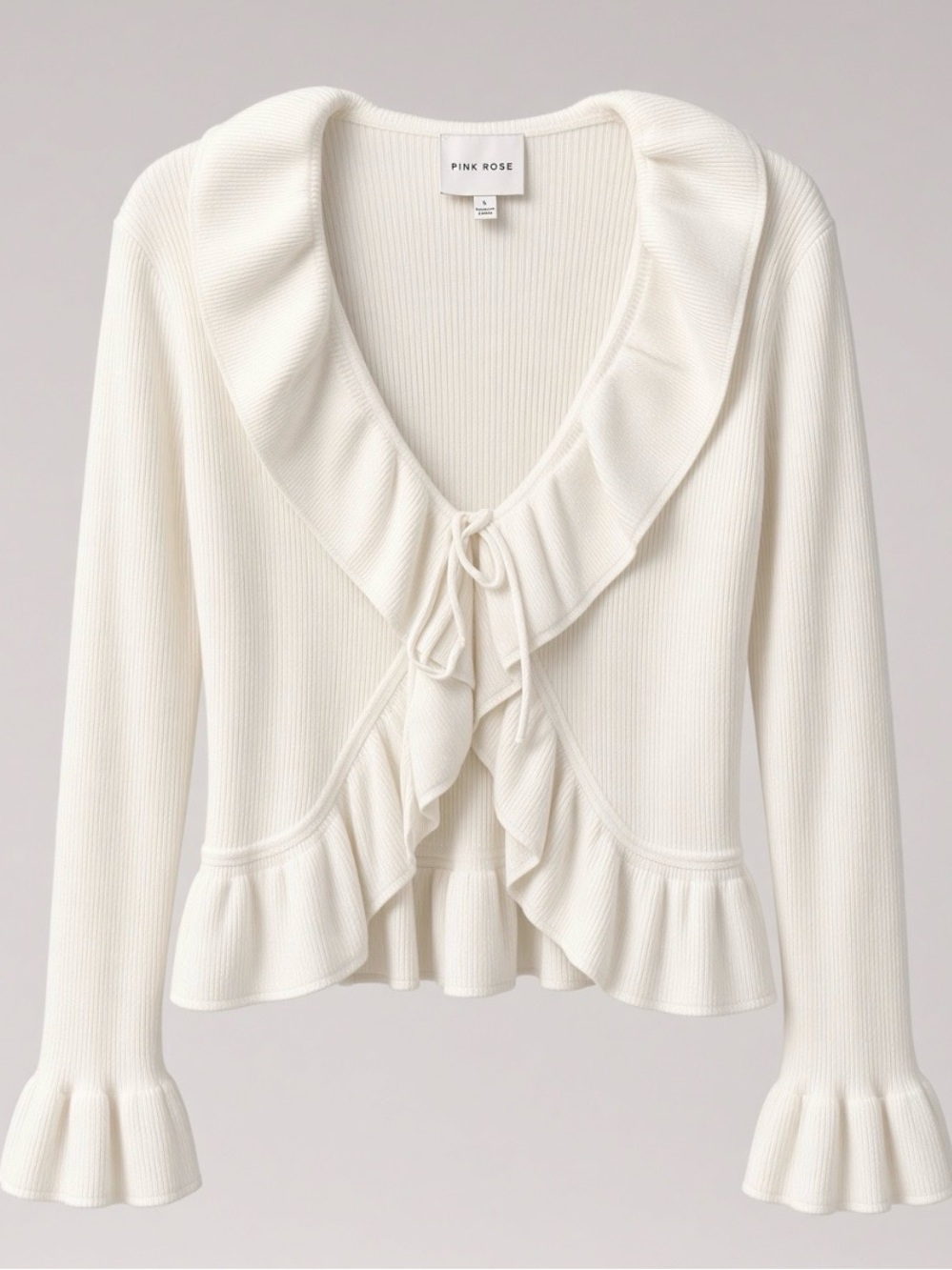 Pink Rose White Ribbed Ruffle Cardigan Tie Front Peplum Size L